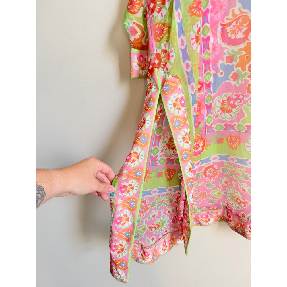 Gretchen Scott Poly Crepe Kimono Pink Lime Watteau Floral Duster ML New - Picture 5 of 6